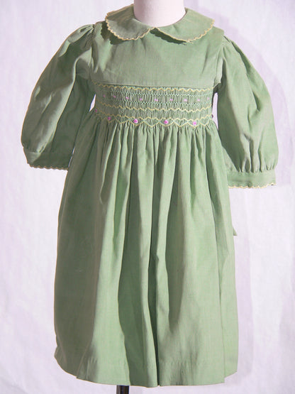 Sage Green Corduroy Smocked Long Sleeve Dress