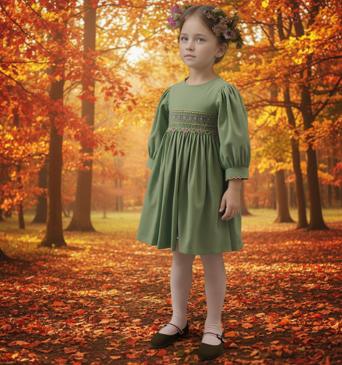 Sage Green Corduroy Smocked Long Sleeve Dress
