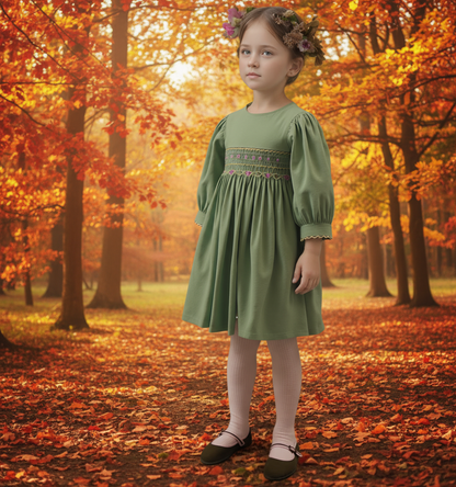 Sage Green Corduroy Smocked Long Sleeve Dress