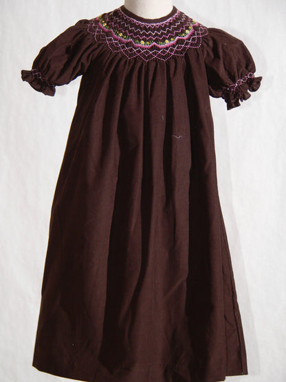 Chocolate Brown Corduroy Geo Smocked Short SleeveBishop Dress