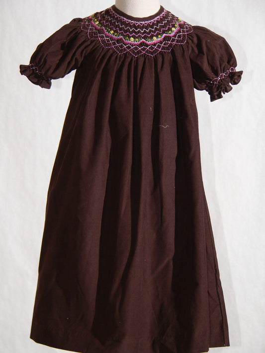 Chocolate Brown Corduroy Geo Smocked Short SleeveBishop Dress