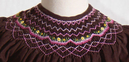 Chocolate Brown Corduroy Geo Smocked Long Sleeve Bishop Dress