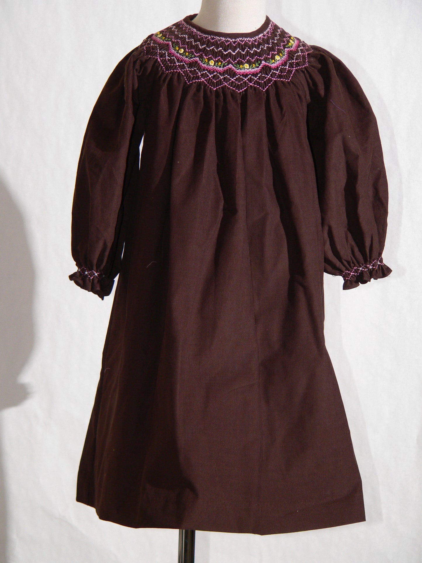 Chocolate Brown Corduroy Geo Smocked Long Sleeve Bishop Dress