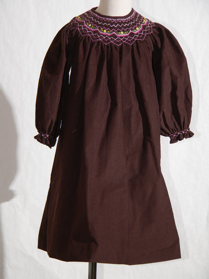 Chocolate Brown Corduroy Geo Smocked Long Sleeve Bishop Dress