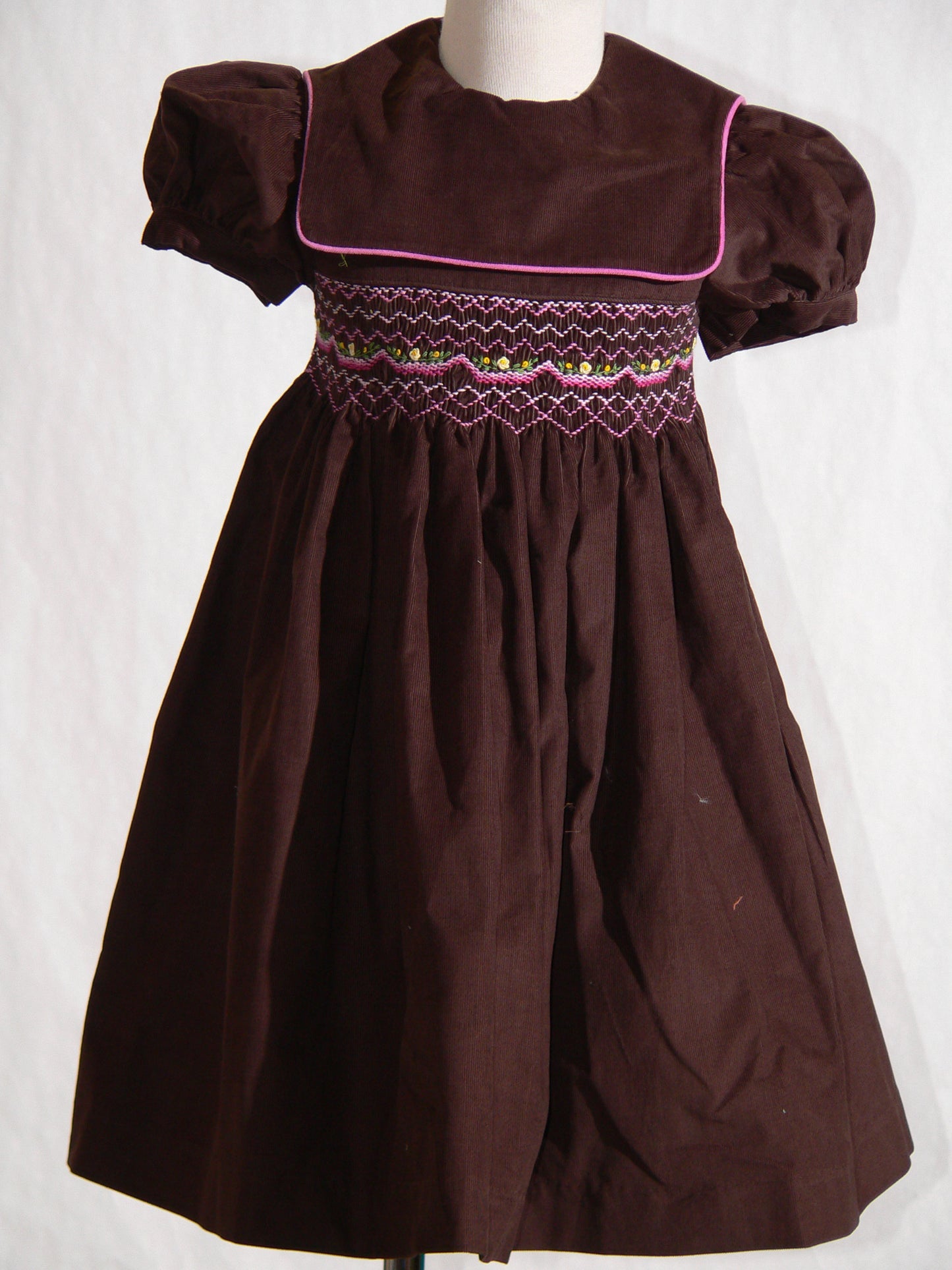 Brown Corduroy Geo Smocked With Flowers Short Sleeve Dress