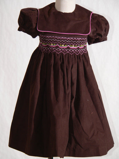 Brown Corduroy Geo Smocked With Flowers Short Sleeve Dress