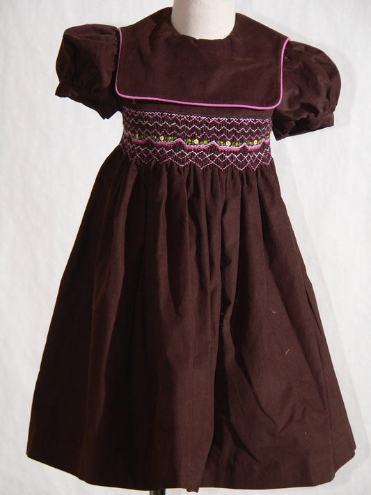 Brown Corduroy Geo Smocked With Flowers Short Sleeve Dress