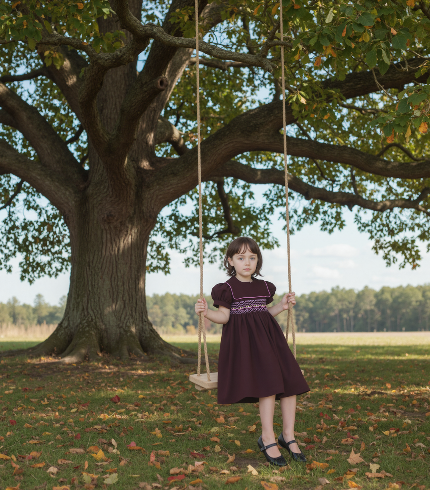 Brown Corduroy Geo Smocked With Flowers Short Sleeve Dress