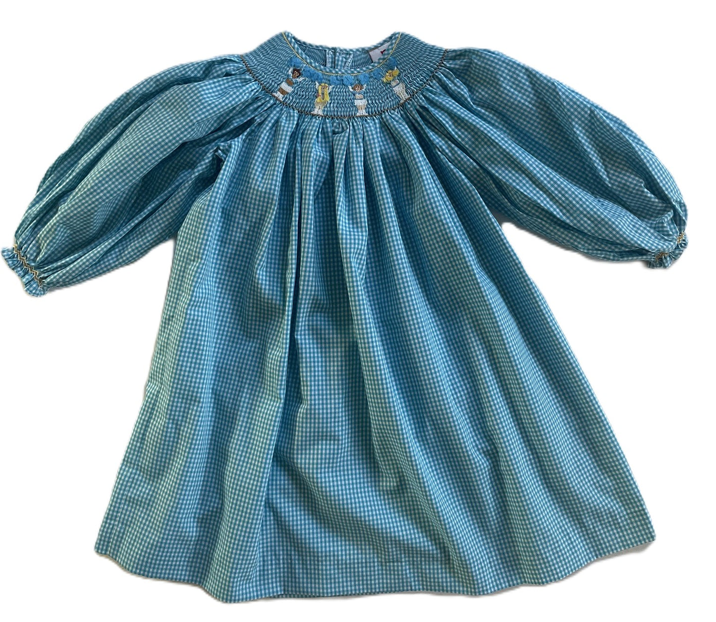 Blue Gingham Long Sleeve Dress Featuring CHEERLEADER With Blue Pom-poms Smocked