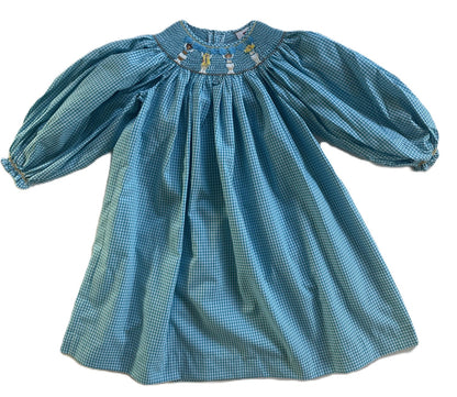 Blue Gingham Long Sleeve Dress Featuring CHEERLEADER With Blue Pom-poms Smocked