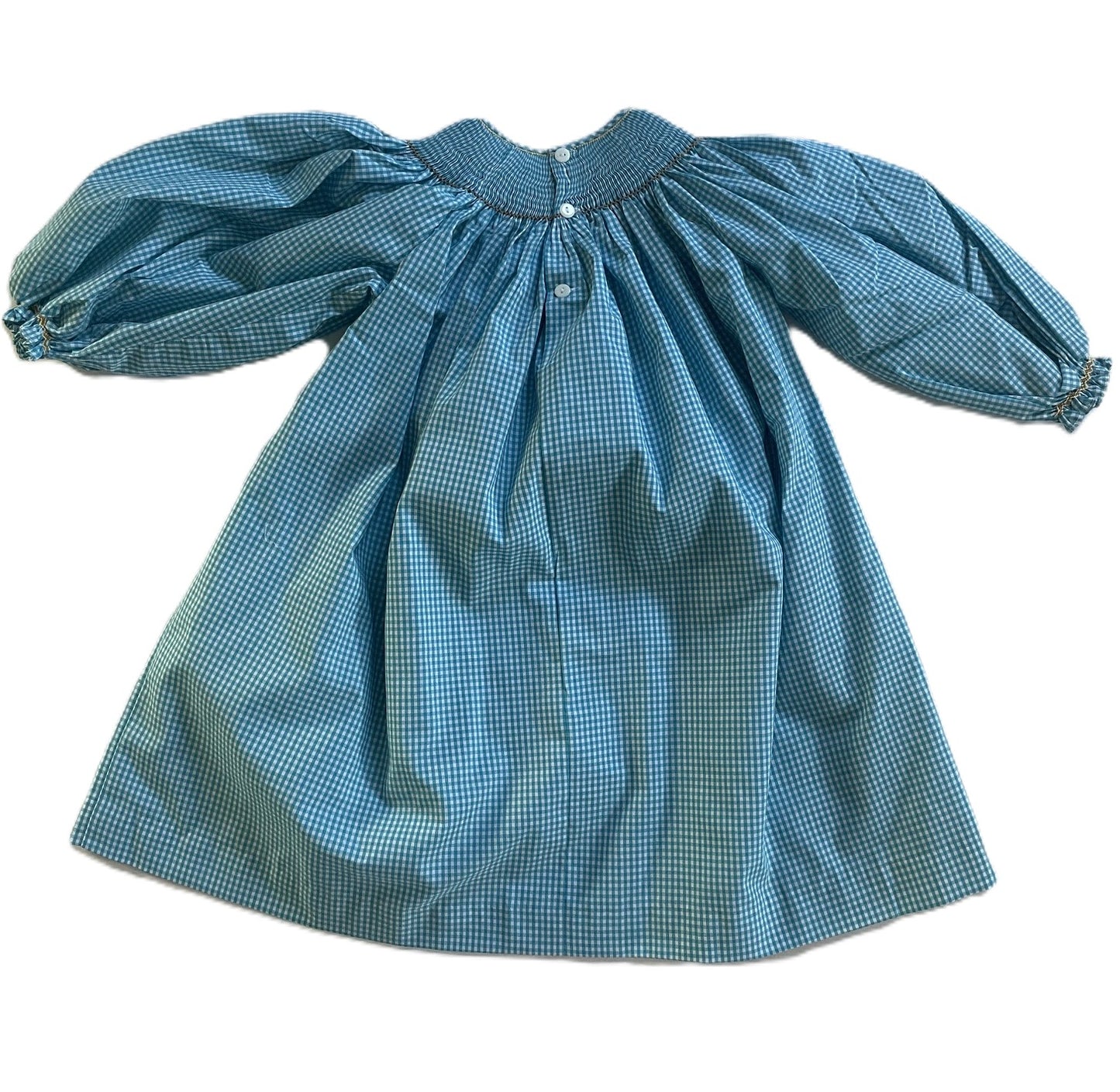 Blue Gingham Long Sleeve Dress Featuring CHEERLEADER With Blue Pom-poms Smocked