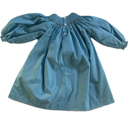 Blue Gingham Long Sleeve Dress Featuring CHEERLEADER With Blue Pom-poms Smocked