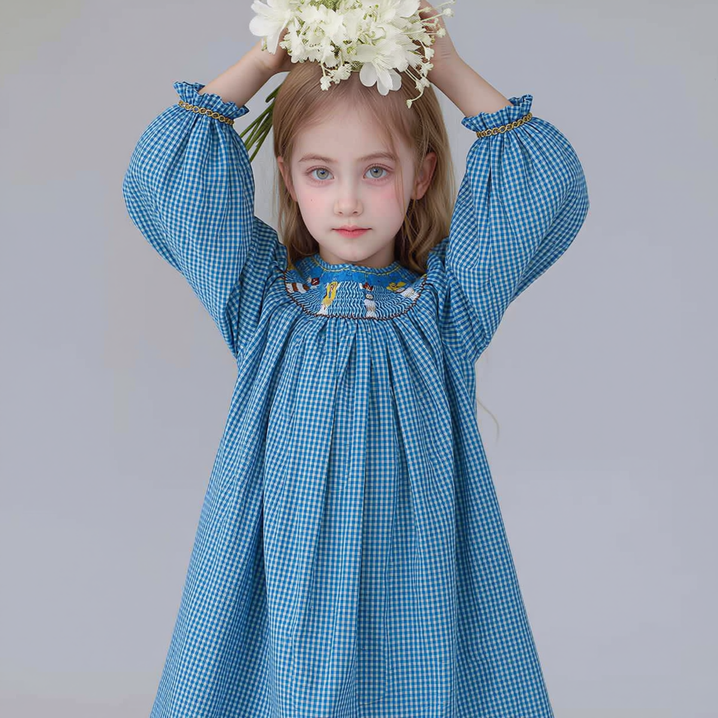 Blue Gingham Long Sleeve Dress Featuring CHEERLEADER With Blue Pom-poms Smocked