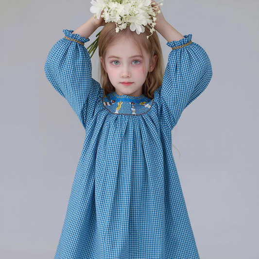 Blue Gingham Long Sleeve Dress Featuring CHEERLEADER With Blue Pom-poms Smocked