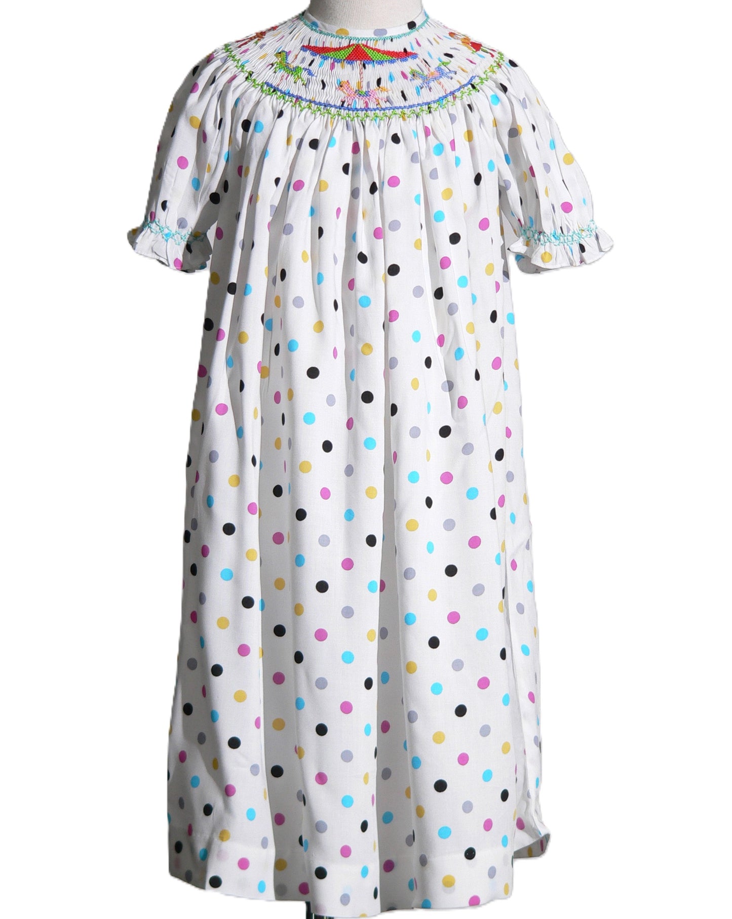 Colorful Polka Dots Short Bishop Sleeve Dress Featuring CAROUSEL Hand-Smocked