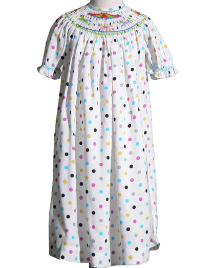 Colorful Polka Dots Short Bishop Sleeve Dress Featuring CAROUSEL Hand-Smocked