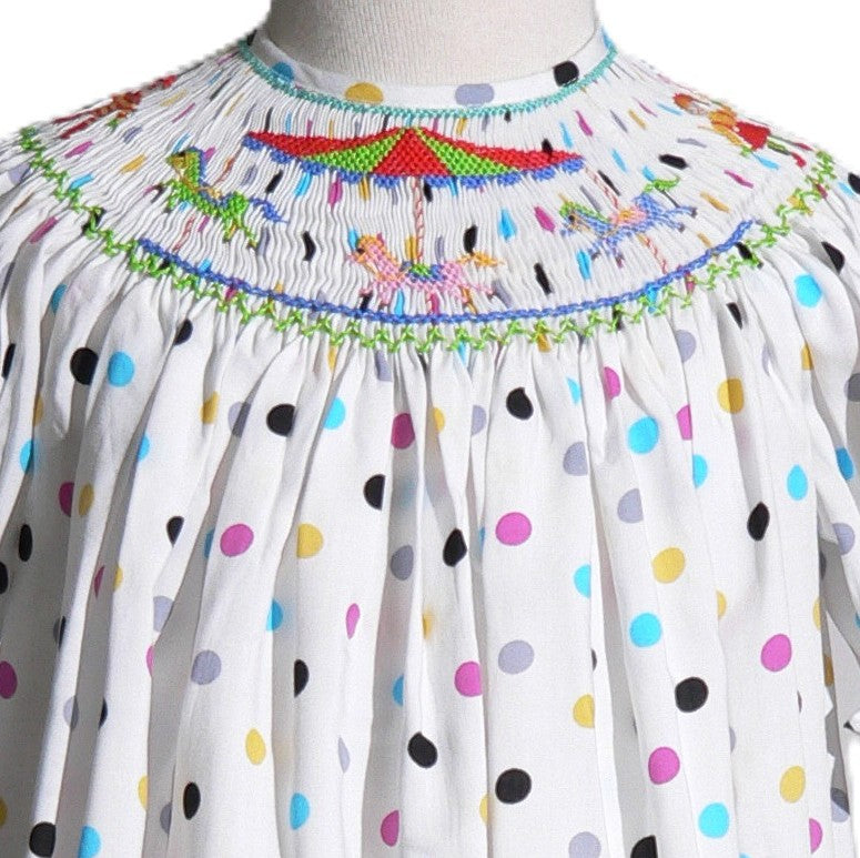 Colorful Polka Dots Short Bishop Sleeve Dress Featuring CAROUSEL Hand-Smocked