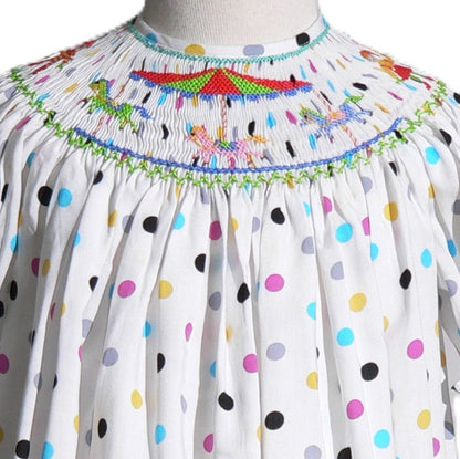 Colorful Polka Dots Short Bishop Sleeve Dress Featuring CAROUSEL Hand-Smocked