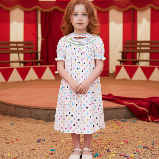 Colorful Polka Dots Short Bishop Sleeve Dress Featuring CAROUSEL Hand-Smocked