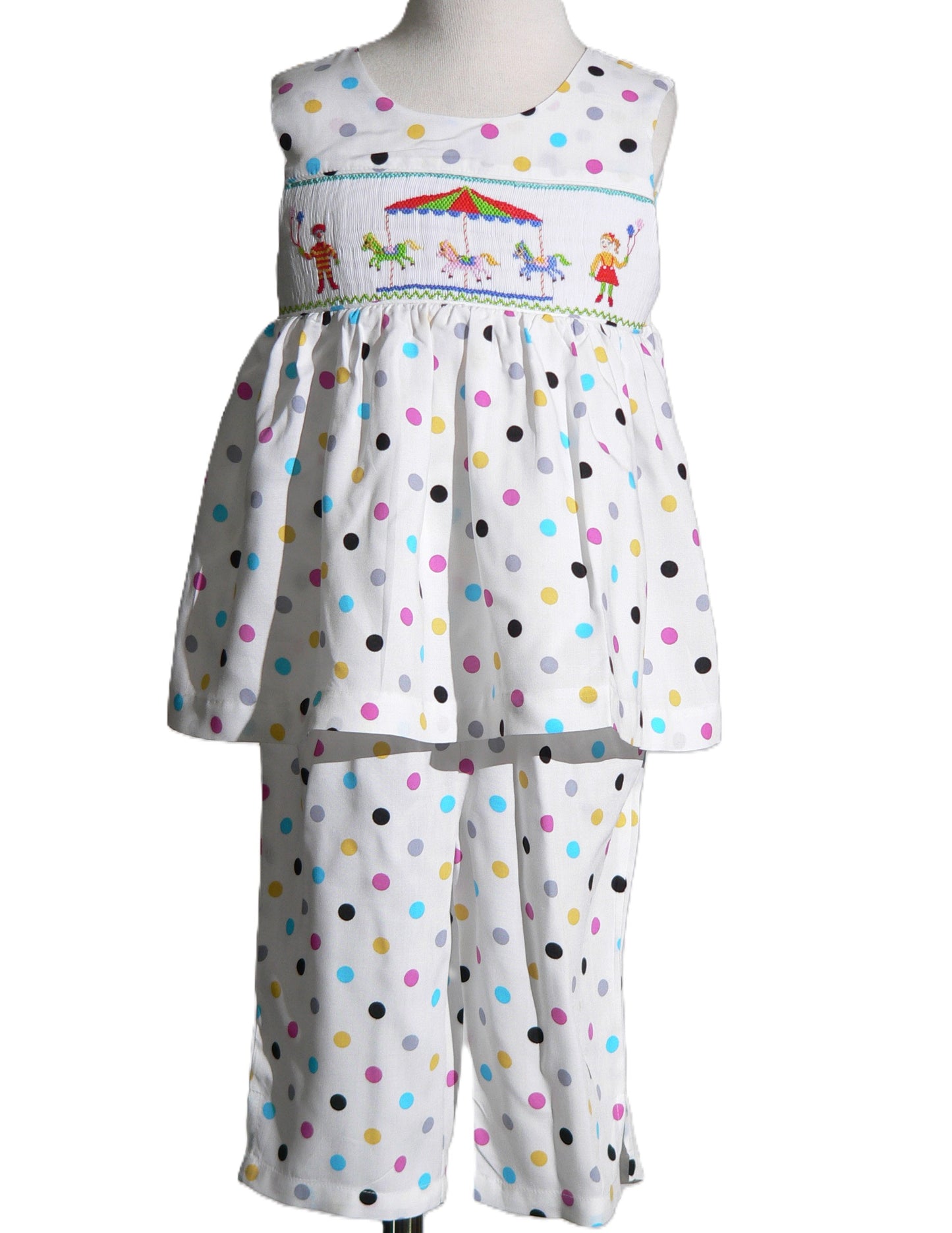 Colorful Polka Dots Sleeveless Pant set Featuring CAROUSEL Hand-Smocked