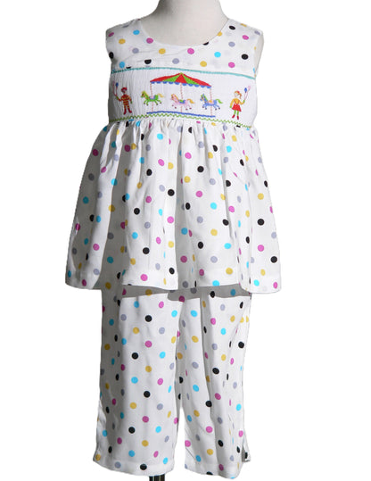Colorful Polka Dots Sleeveless Pant set Featuring CAROUSEL Hand-Smocked