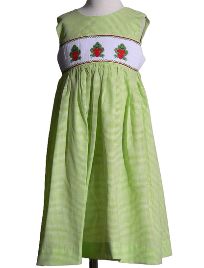 Green Frog with Heart Smocked Sleeveless Dress