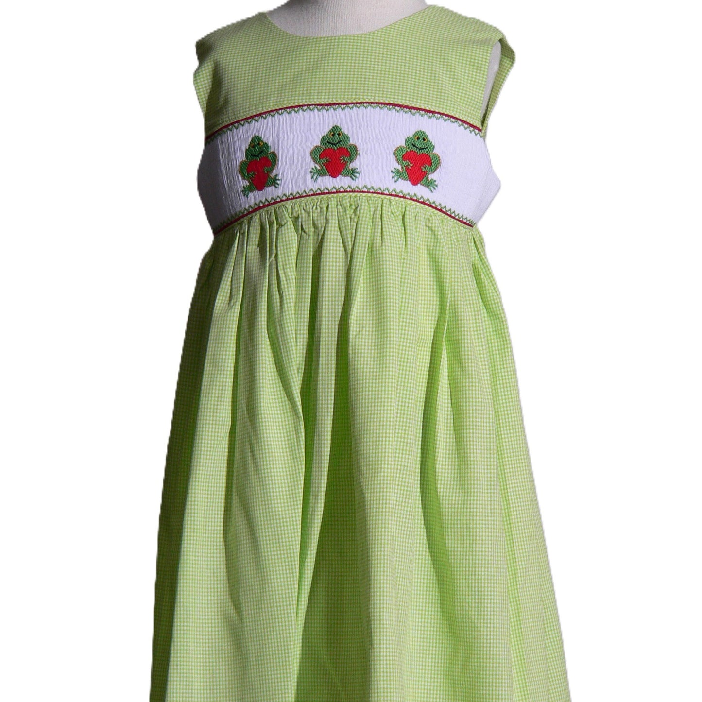 Green Frog with Heart Smocked Sleeveless Dress