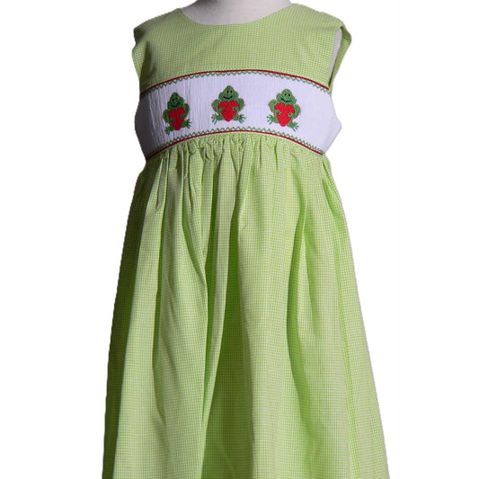 Green Frog with Heart Smocked Sleeveless Dress