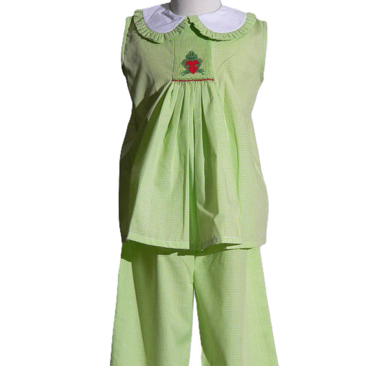 Green Frog With Heart Smocked Sleeveless Top and Pant Set