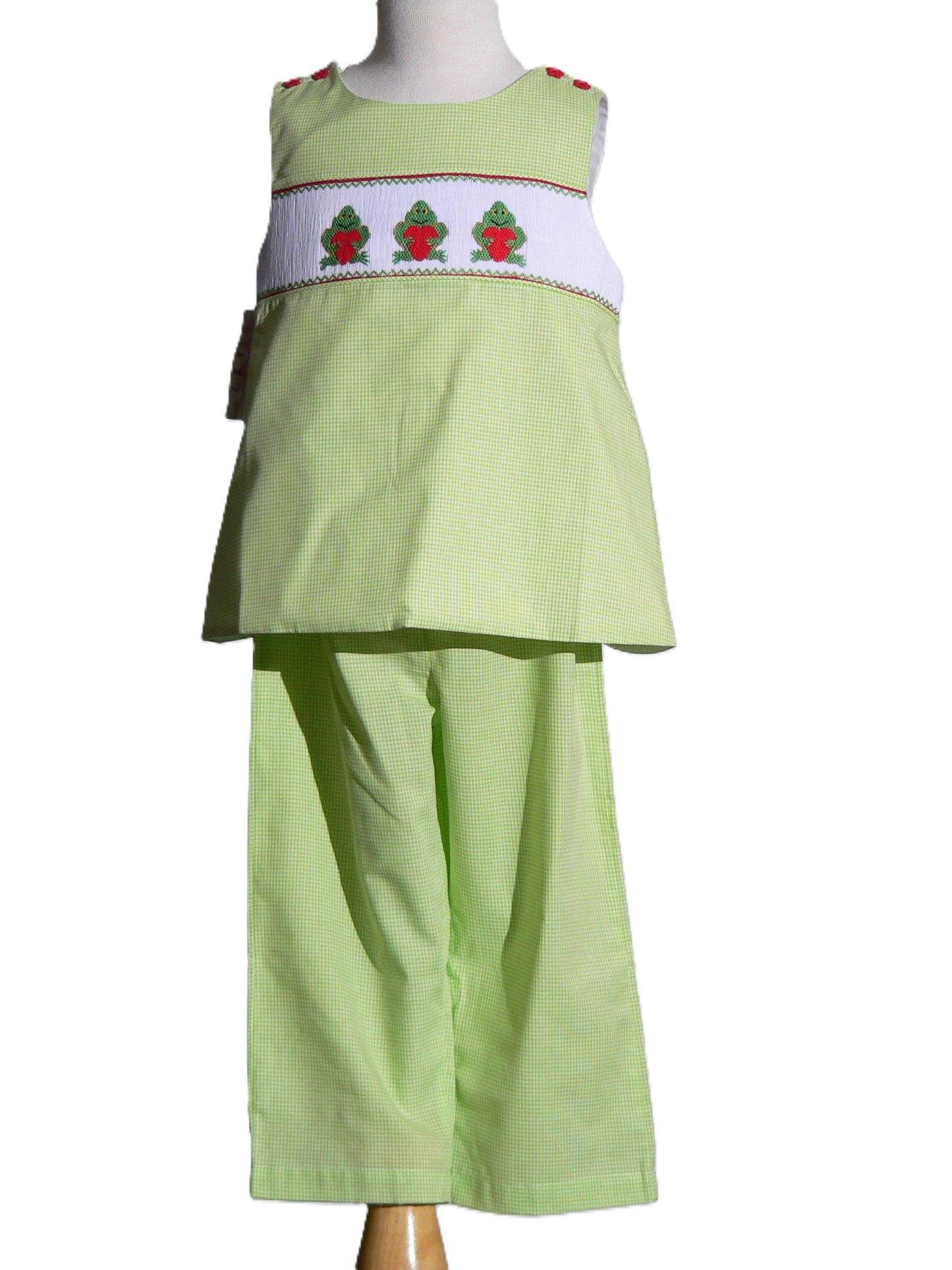 Green Frog With Heart Smocked Sleeveless Top and Pant Set