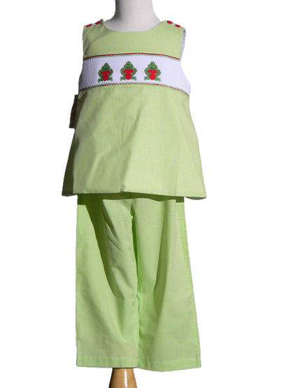 Green Frog With Heart Smocked Sleeveless Top and Pant Set