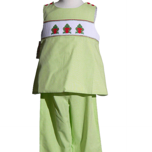 Green Frog With Heart Smocked Sleeveless Top and Pant Set