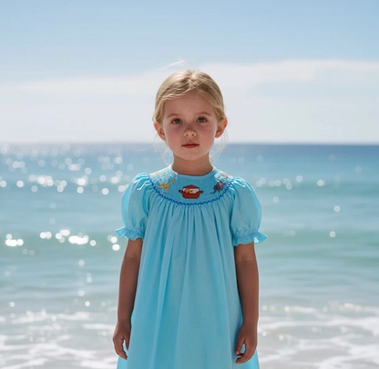 Aqua Blue NOAH Smocked Short Sleeve Bishop Dress