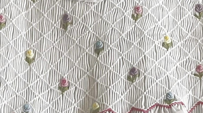 White Geometric Smocked with Multi Flowers Sleeveless Dress