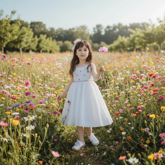 White Geometric Smocked with Multi Flowers Sleeveless Dress