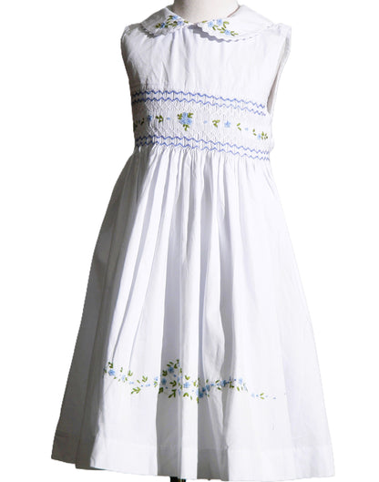 White Geometric Smocked with Flowers Sleeveless Dress