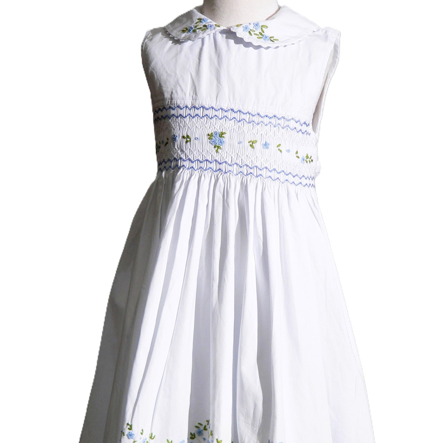 White Geometric Smocked with Flowers Sleeveless Dress