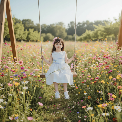 White Geometric Smocked with Flowers Sleeveless Dress