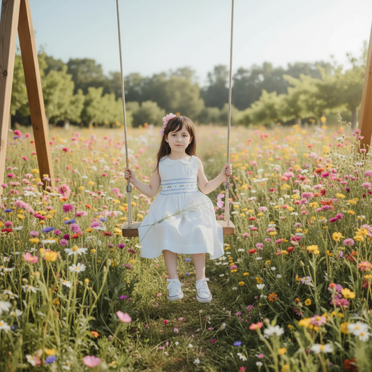 White Geometric Smocked with Flowers Sleeveless Dress