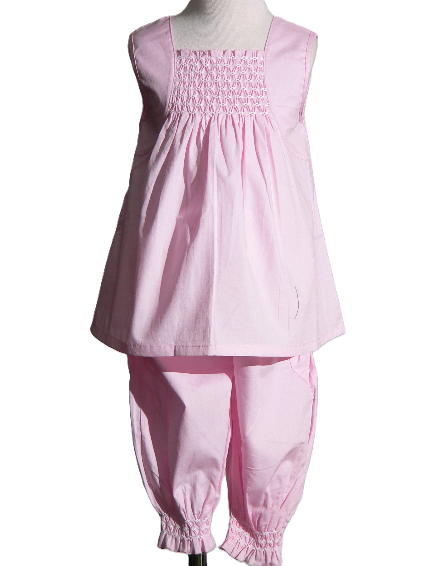 Light Pink Geometric Smocked Sleeveless Top and Ruffle Pants Set