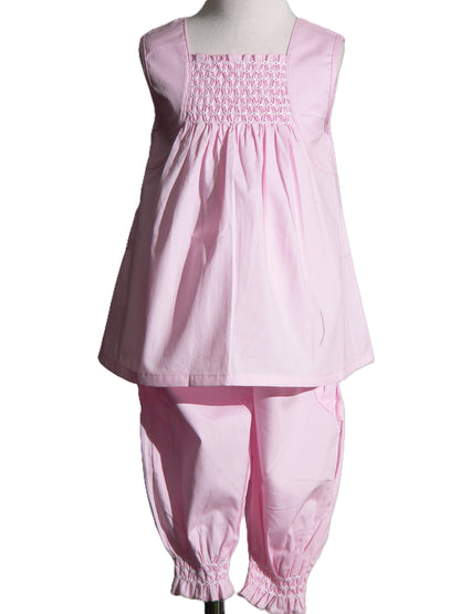 Light Pink Geometric Smocked Sleeveless Top and Ruffle Pants Set