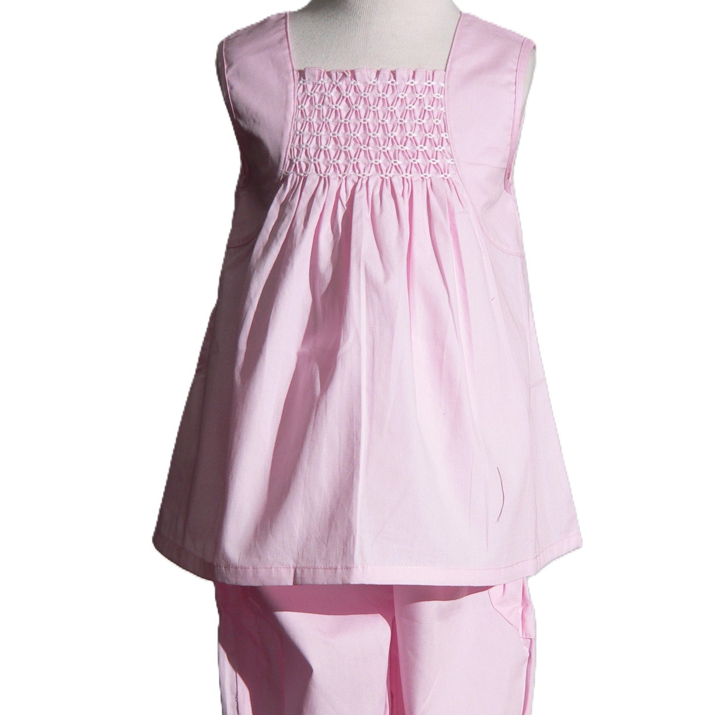 Light Pink Geometric Smocked Sleeveless Top and Ruffle Pants Set