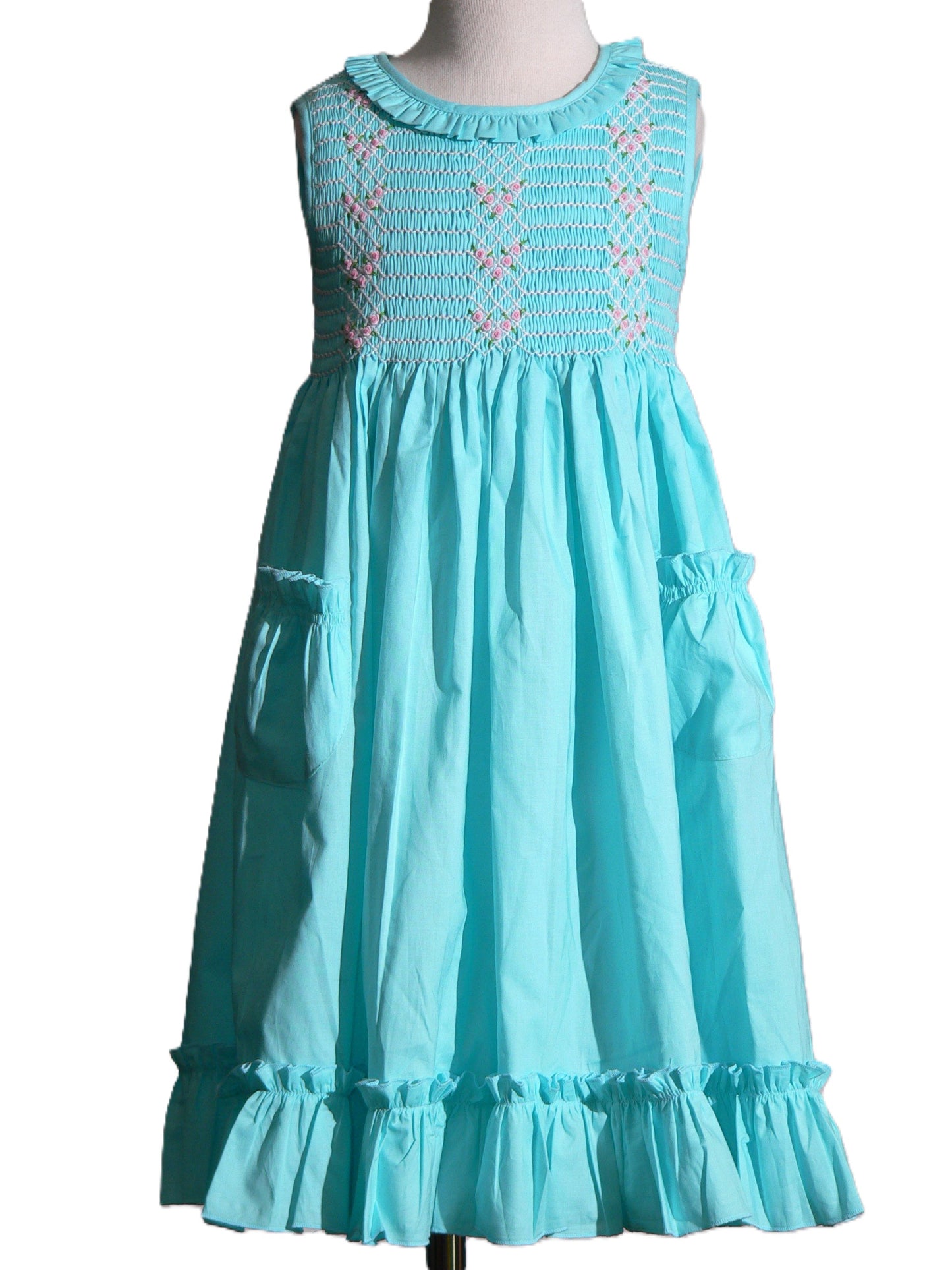 Blue Geometric Smocked with Roses Sleeveless Dress
