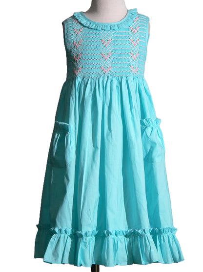 Blue Geometric Smocked with Roses Sleeveless Dress