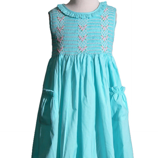 Blue Geometric Smocked with Roses Sleeveless Dress
