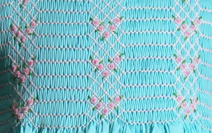 Blue Geometric Smocked with Roses Sleeveless Dress