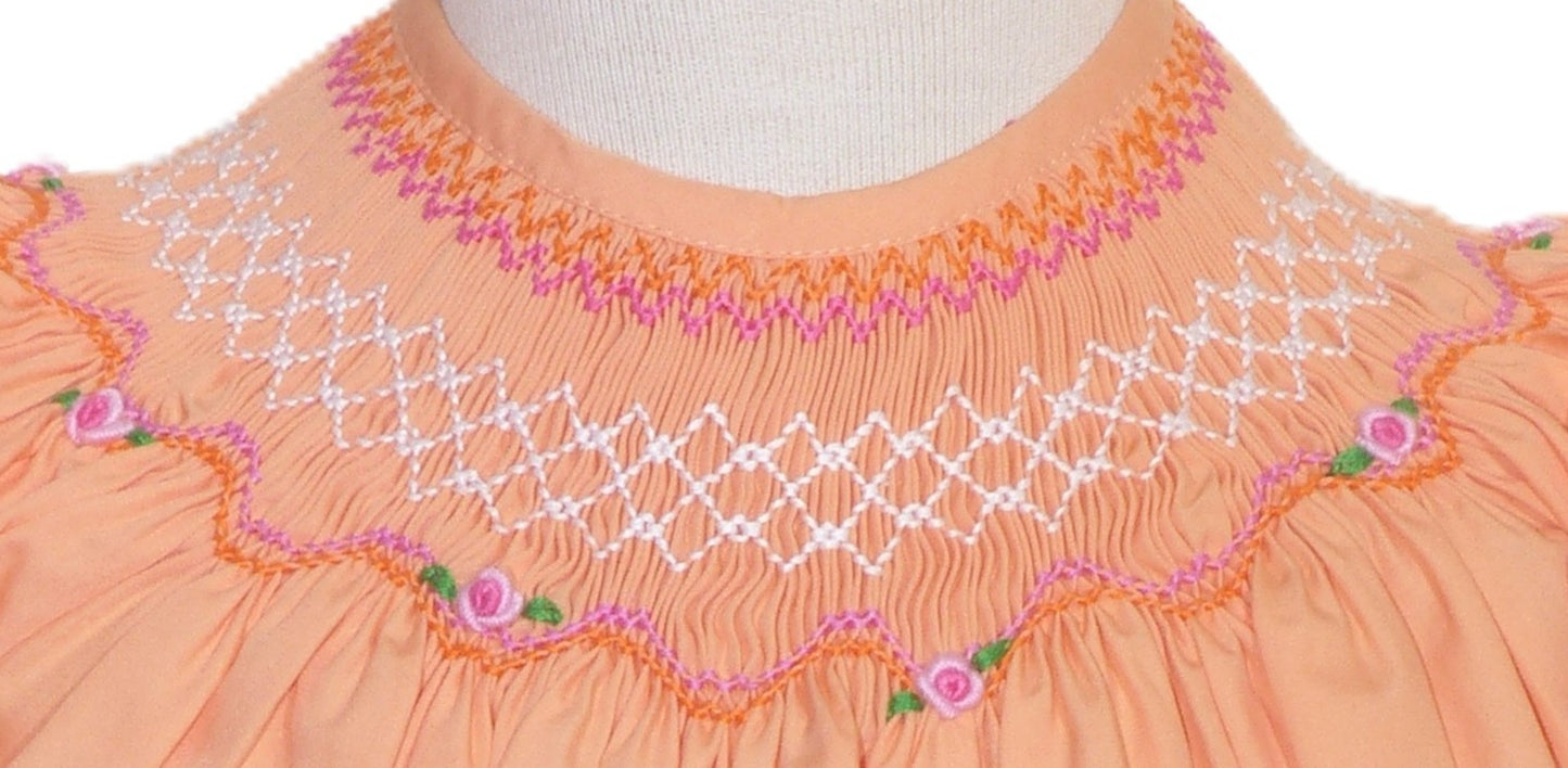 Orange Geometric Smocked With Roses Short Sleeve Bubble
