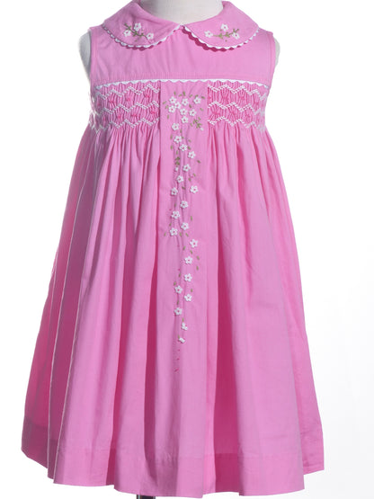 Pink Flora Smocked With Peter Pan Collar Sleeveless Dress