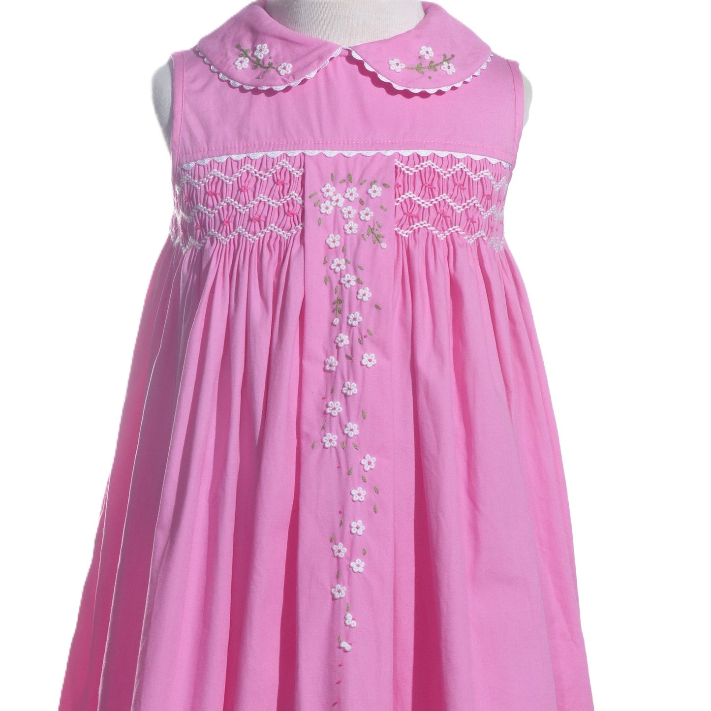 Pink Flora Smocked With Peter Pan Collar Sleeveless Dress