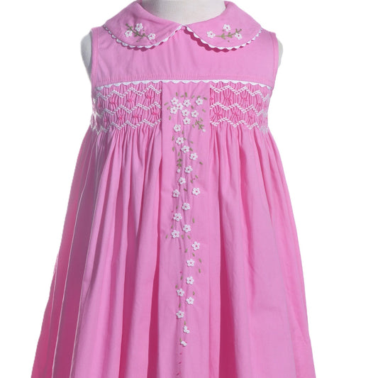 Pink Flora Smocked With Peter Pan Collar Sleeveless Dress
